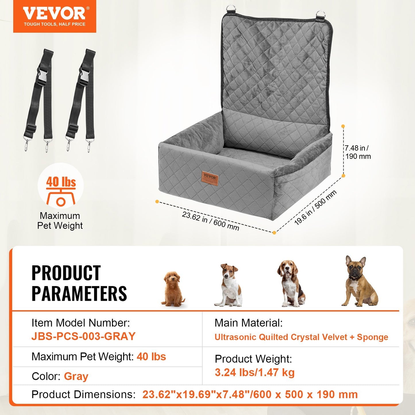 VEVOR Dog Booster Car Seat Pet Car Seat For Small Medium Dog Up To 40 Lbs Gray